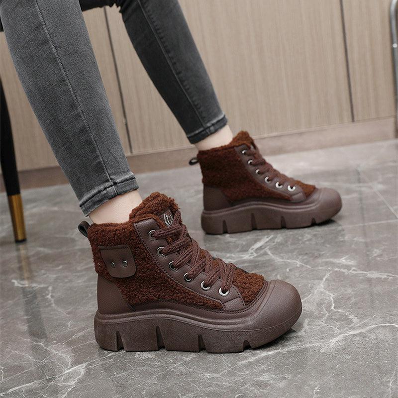 Cheky - Lace-up High-top Flat Shoes For Women Winter Warm Cashmere Snow Boots Fashion Street Campus Students Height Increasing Shoes