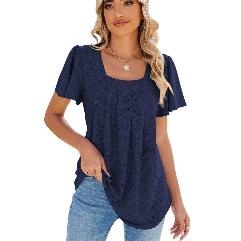 Cheky - Summer Square Neck Pleated Short-sleeved T-shirt Loose Solid Color Ruffled Hollow Design Top For Womens Clothing