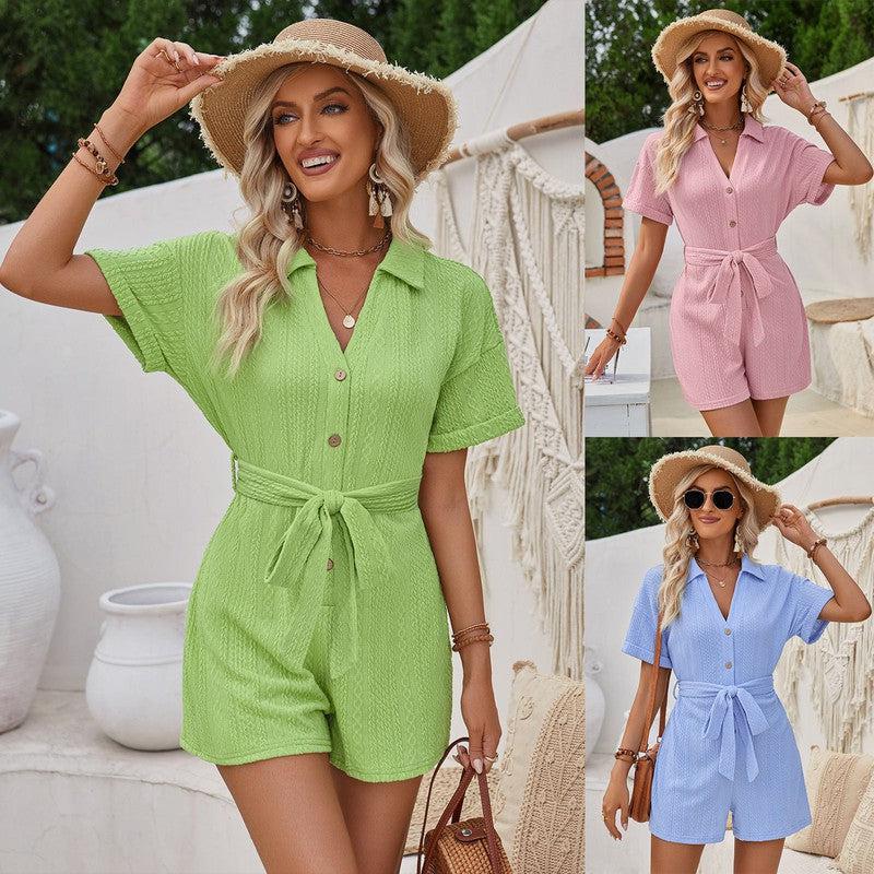 Cheky - Women's Short-sleeved Shorts Jumpsuit Lace-up Turn-down Collar Solid Color Clothing Summer