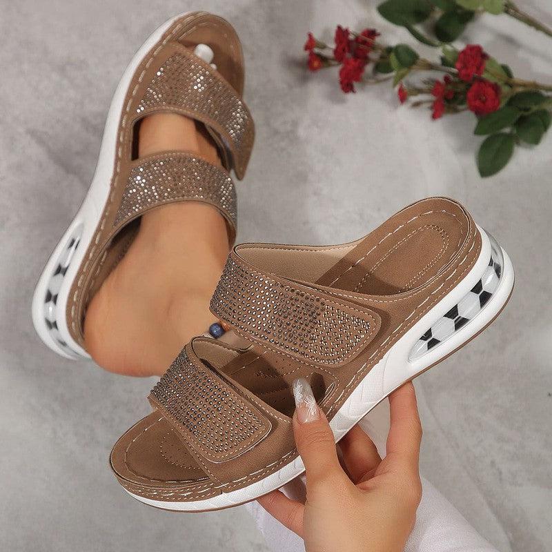 Cheky - New Air Cushion Wedges Sandals Summer Casual Rhinestone Slides Roman Sandals For Women Non-slip Beach Shoes