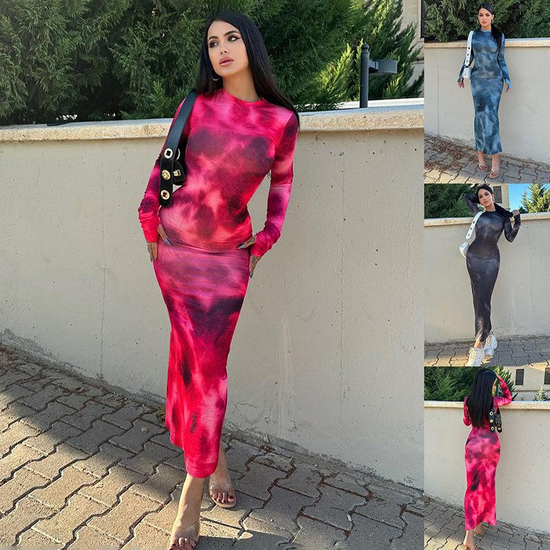 Cheky - Fashion Tie-dye Long-sleeved Dress Slim Fit Hip-hugging Long Dress Womens Clothing