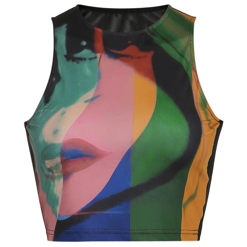 Cheky - Retro Painting Print Tank Top Vintage Mesh Tops Women