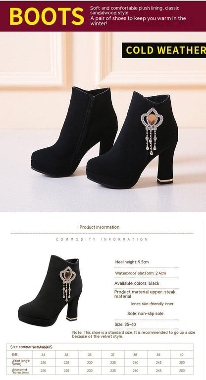 Cheky - Rhinestone Chunky Heel Fashion Short Boots Waterproof Platform High Heel Boots