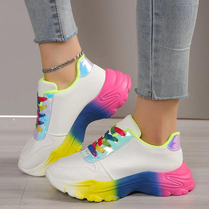 Cheky - INS Style Rainbow Color Sports Shoes For Women Thick Bottom Lace-up Sneakers Fashion Casual Lightweight Running Walking Shoes