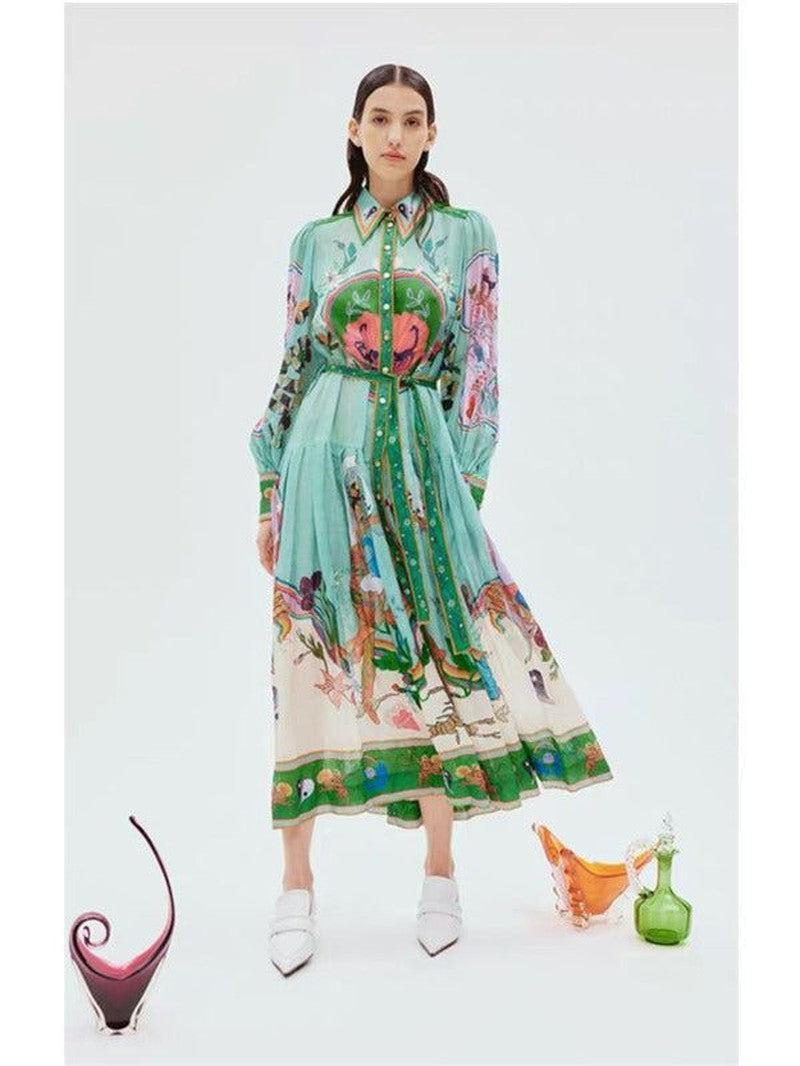 Cheky - Personalized Printed Daily Vacation Shirt Collar Single-breasted Elegant Long Dress