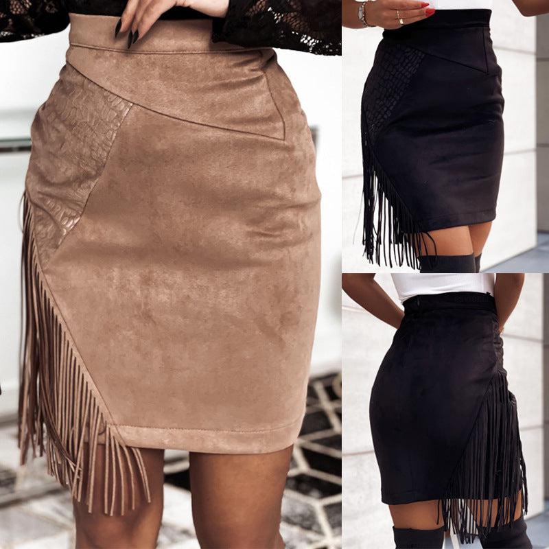 Cheky - Women's Fringed Skirt Sexy Irregular High Waist Hip-Hugging Skirt Fashion Suede Short Dress