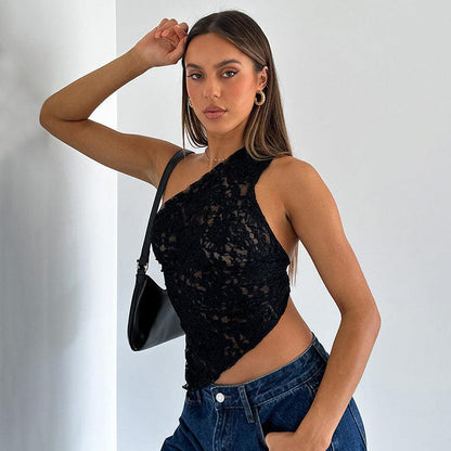 Cheky - Ins Lace Backless Top Summer Solid Color Waistless Asymmetrical Sloped Neck Vest Streetwear Womens Clothes