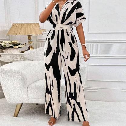 Cheky - V-neck Loose Printed Long Jumpsuit