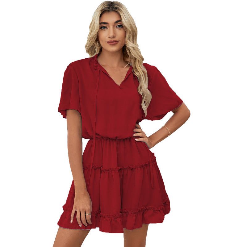 Cheky - Short Sleeve Dress Women's Ruffled V-neck