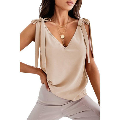 Cheky - Bowknot Tie Up Camisole V-neck Shirts Women Summer Sleeveless Tank Tops