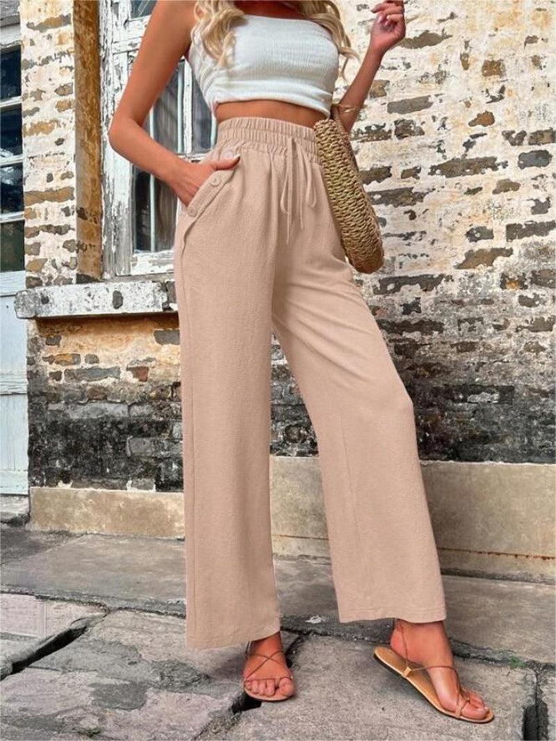 Cheky - New Casual Pants With Pockets Elastic Drawstring High Waist Loose Trousers For Women