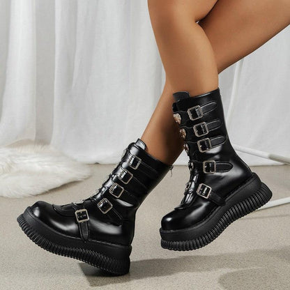 Cheky - Heart Platform Shoes Dark Punk Mid-calf Martin Boots Female