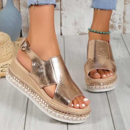 Cheky - Summr Shiny Sandals Hollow Design Fish Mouth Sandal For Women Fashion Buckle Wedges Shoes