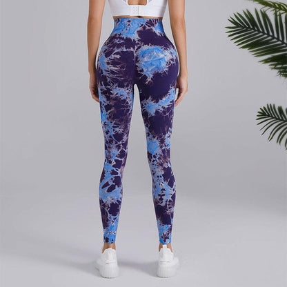 Cheky - Tie-dye Printed Yoga Pants Fashion Seamless High-waisted Hip-lifting Trousers Sports Running Fitness Pants For Womens Clothing