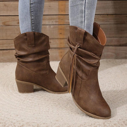 Cheky - Retro Tassel Boots Winter Thick Square Heel Mid-calf Knight Western Boots Woman Fashion Shoes