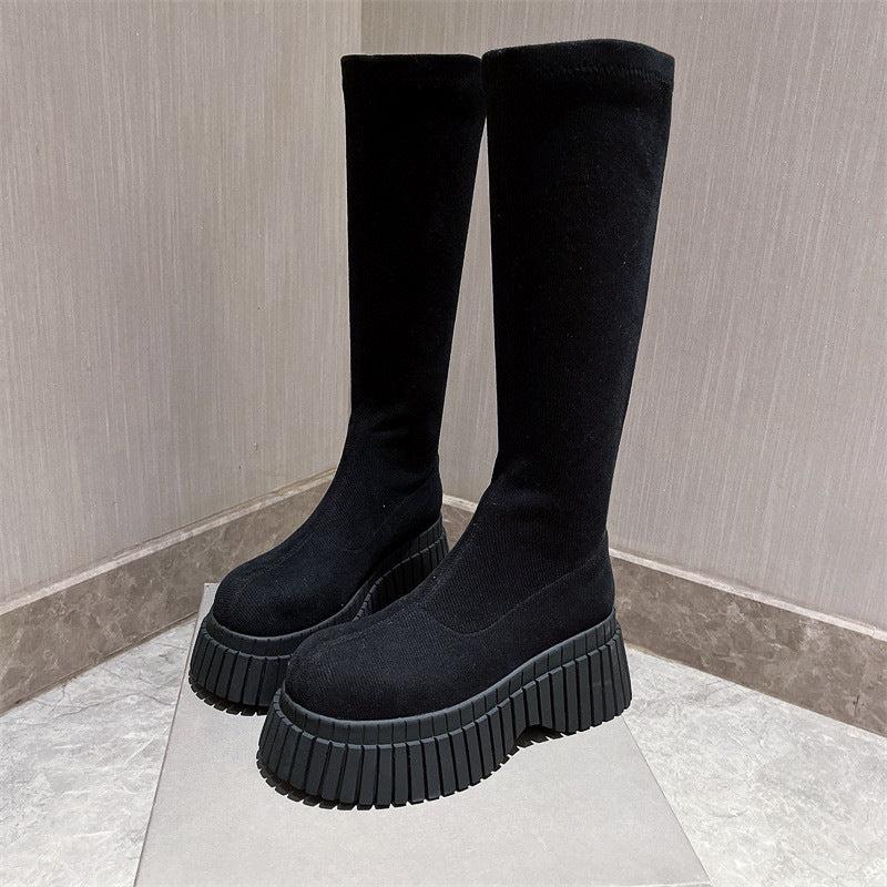 Cheky - Thick Sole Long Boots Solid Color New Fashion Trendy Fly-woven Elastic Shoes Women's Winter FootwearHigh Boots