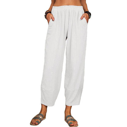 Cheky - Women's Solid Color Loose Cotton And Linen Casual Pants Home