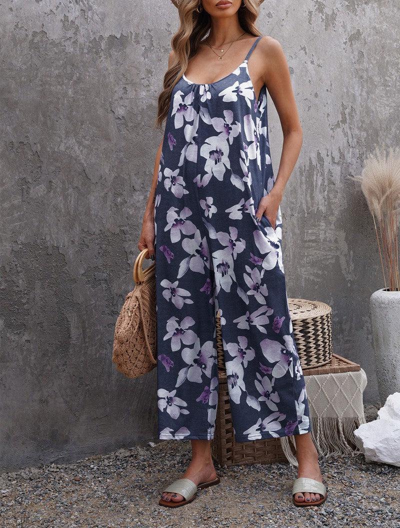 Cheky - Flowers Print Suspender Jumpsuit With Pockets Spring Summer Fashion Round-neck Overalls For Womens Clothing