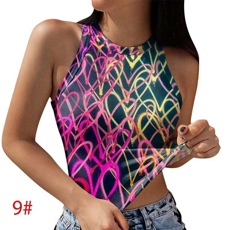 Cheky - European And American Spring And Summer Print Round Neck Sleeveless Casual Vest Crop Top Women's Ins