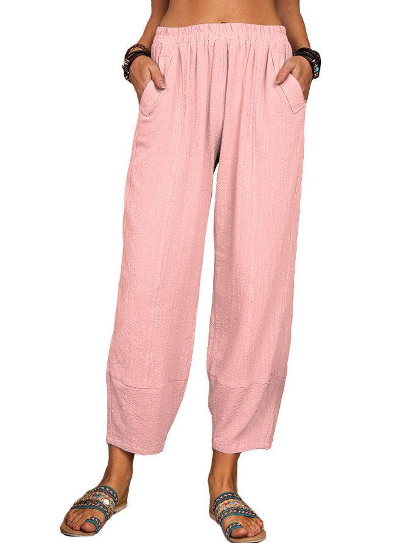 Cheky - Women's Solid Color Loose Cotton And Linen Casual Pants Home