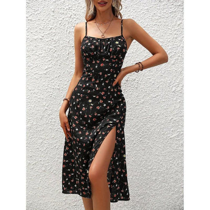 Cheky - New Polka Dot Print Suspender Dress Summer Sexy Slit Long Dresses For Womens Clothing