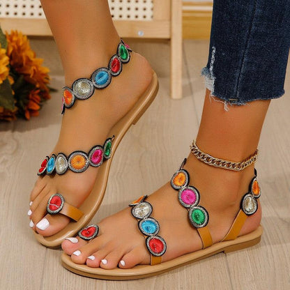 Cheky - Fashion Peacock Embroidery Pattern Flat Sandals Summer Vacation Casual Clip Toe Beach Shoes For Women