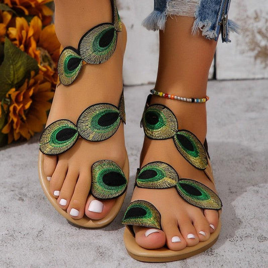 Cheky - Fashion Peacock Embroidery Pattern Flat Sandals Summer Vacation Casual Clip Toe Beach Shoes For Women