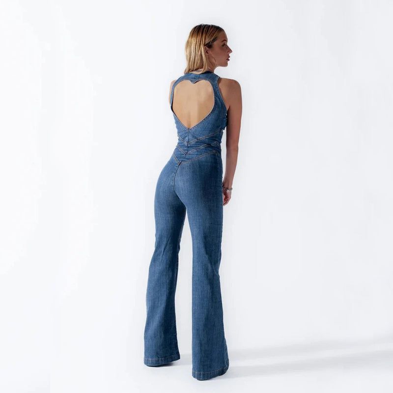 Cheky - Summer Slim Heart-shape Backless Denim Jumpsuit Women Halter Neck Zip Up High Waist Panst Retro Style Clothing