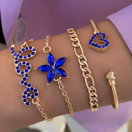 Cheky - 4pcs Blue Flower Love Butterfly Bracelet Set With Rhinestones Design Valentines Day