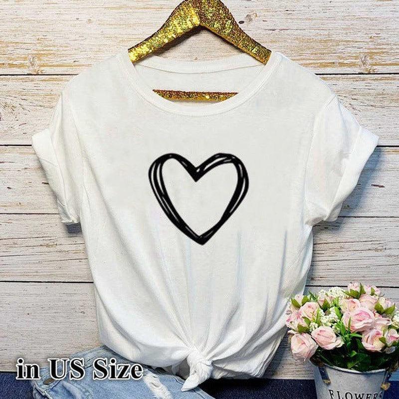 Cheky - Heart Print T Shirt Women Short Sleeve O Neck Loose Tshirt Summer Women Causal Tee Shirt Tops Clothes Camisetas Mujer