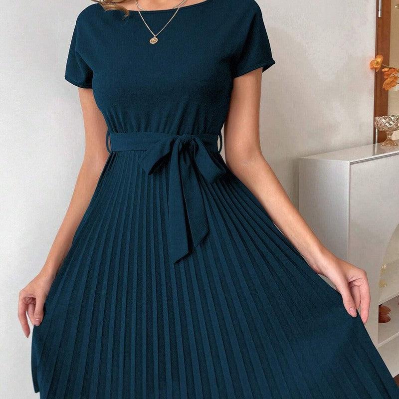 Cheky - Solid Color Belt Pleated Batwing Sleeve Women Long Dress