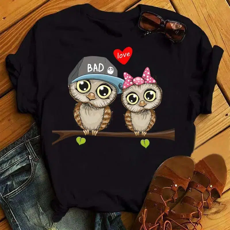 Cheky - Maycaur Cartoon Owl Print T Shirt Women Kawaii Graphic Shirts Casual Short Sleeved Black Female Tee O-neck Harajuku T-shirts