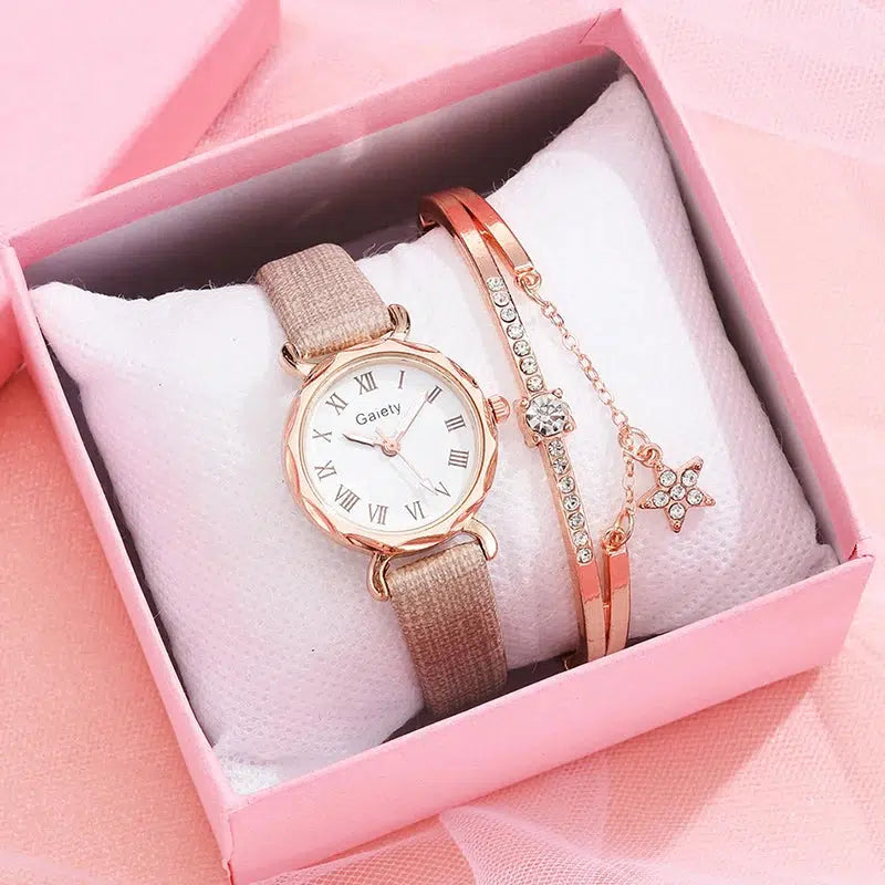 Cheky - Gaiety Brand 2pcs Set Casual Watch For Women Rhinestone Bracelet Watch Leather Ladies Wrist Clock Simple Dress Gfit Montre Femme