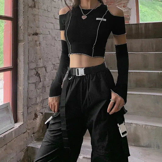 Cheky - Patchwork Black T-shirts Gothic One Shoulder Sleeve Y2k Crop Tops Ruffles Hem Hip Hop Techwear Women Tees