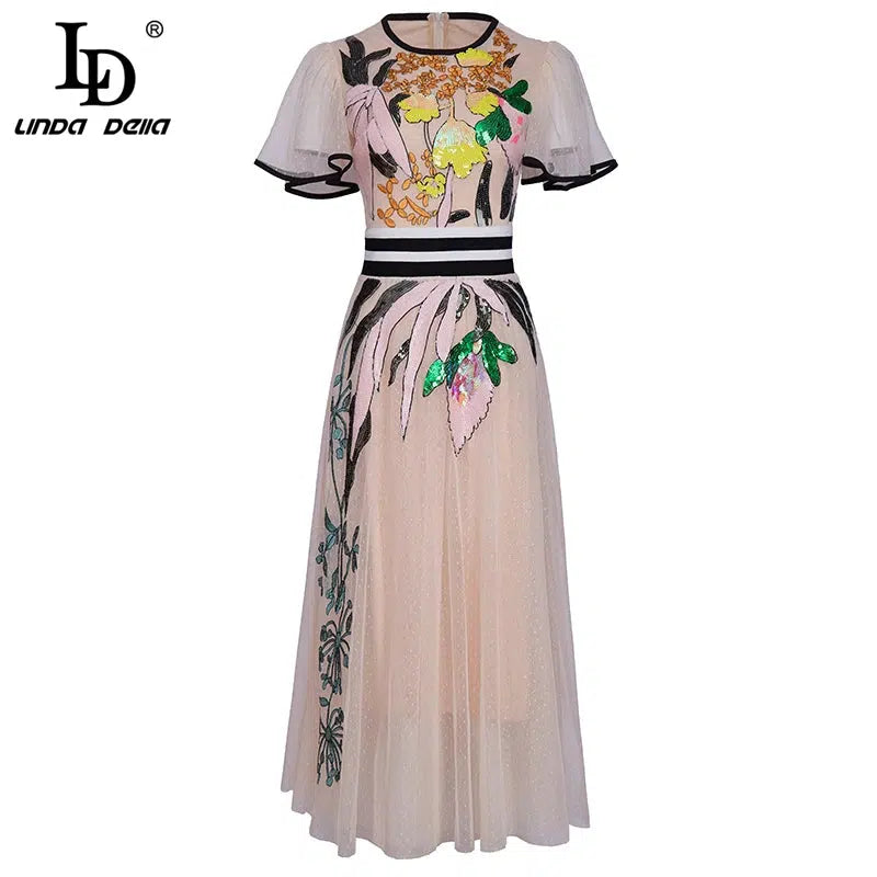 Cheky - LD LINDA DELLA New 2021 Women Summer Fashion Runway Midi Dress Butterfly Sleeve Sequined Embroidery Ladies Slim A-Line Dresses