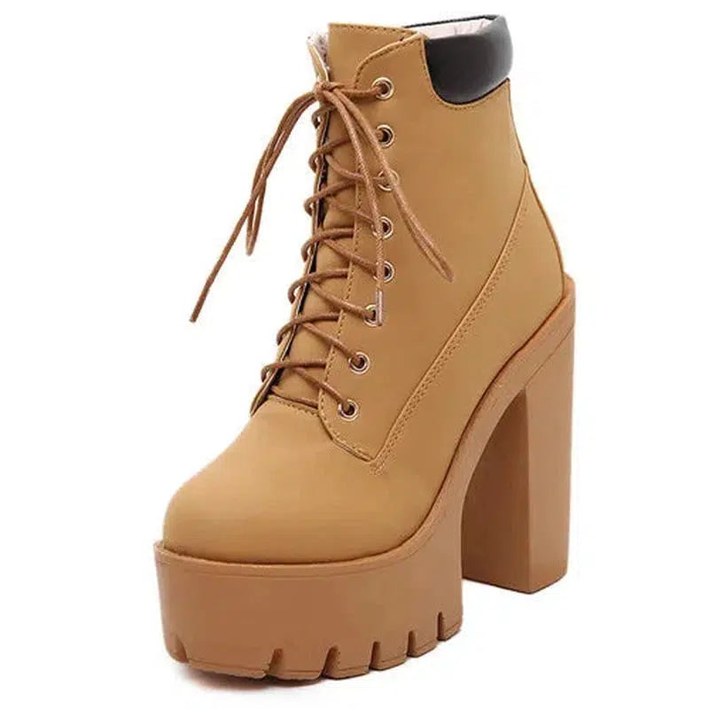 Cheky - Gdgydh Fashion Spring Autumn Platform Ankle Boots Women Lace Up Thick Heel Platform Boots Women's Chunky Heeled Short Boots