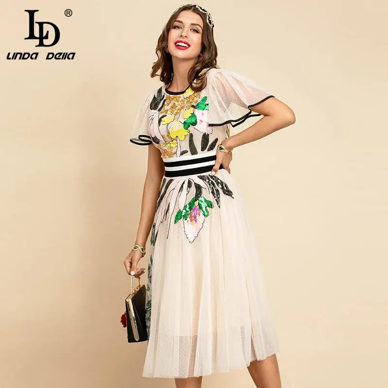 Cheky - LD LINDA DELLA New 2021 Women Summer Fashion Runway Midi Dress Butterfly Sleeve Sequined Embroidery Ladies Slim A-Line Dresses