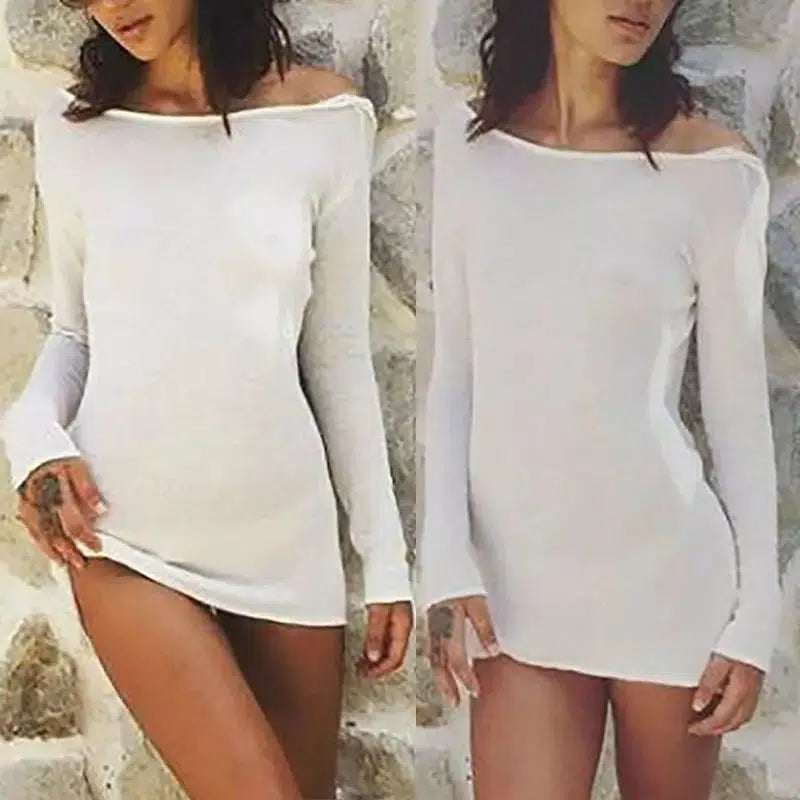 Cheky - Sexy Backless White Evening Party Dress Women Elegant Long Sleeve Solid Color Loose Club Holiday Casual Mini Dress