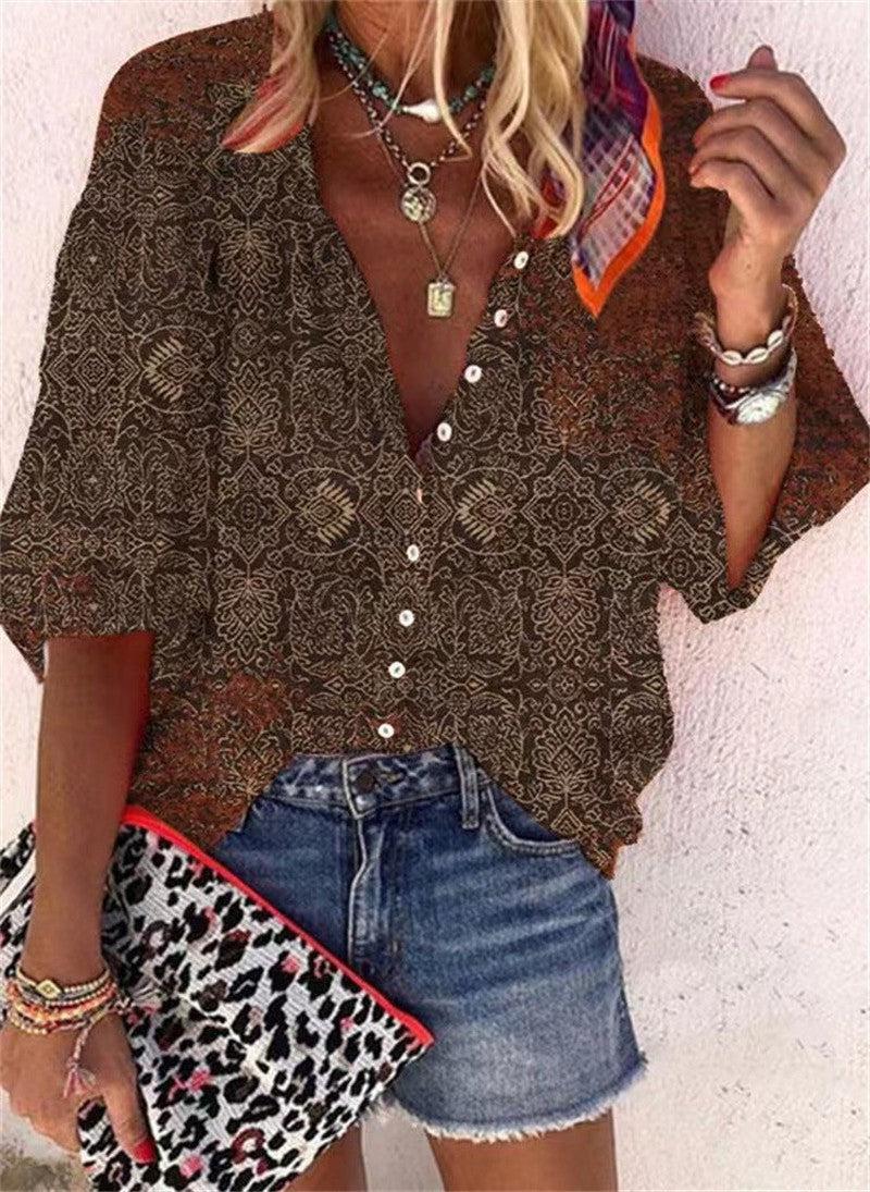 Cheky - Women's Fashion Stand Collar Loose Button Vintage Printed Casual Shirt