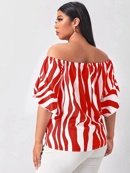 Cheky - Finjani Red Panel Blouse Barrel Neck Bell Sleeves Striped Tops Loose Lace up Elegant Plus Size Women's Blouses