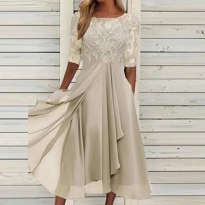 Cheky - New Elegant Green Party Dress Women O Neck Lace Half Sleeve Prom Dresses For Women Solid A-Line Dress Boho Sexy Long Dress