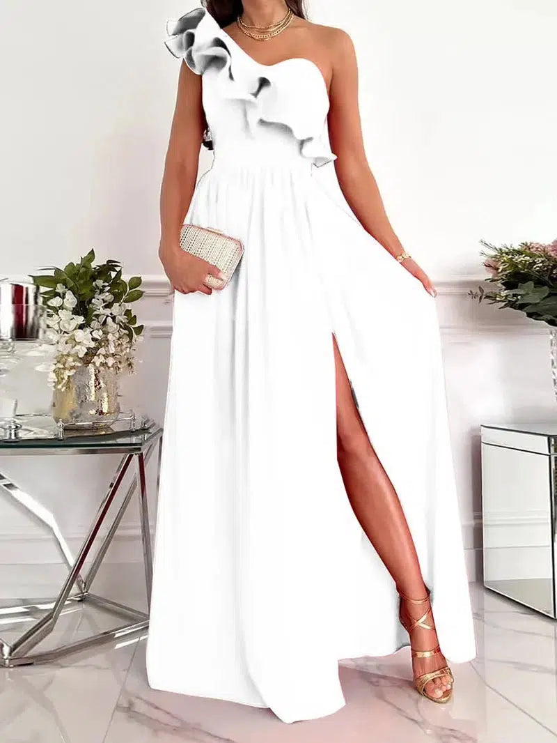 Cheky - Ladies Off Shoulder Diagonal collar Pleated Evening Dress Solid Sleeveless Ruffle Hem Elegant Dress Summer Sexy Slit Maxi Dress