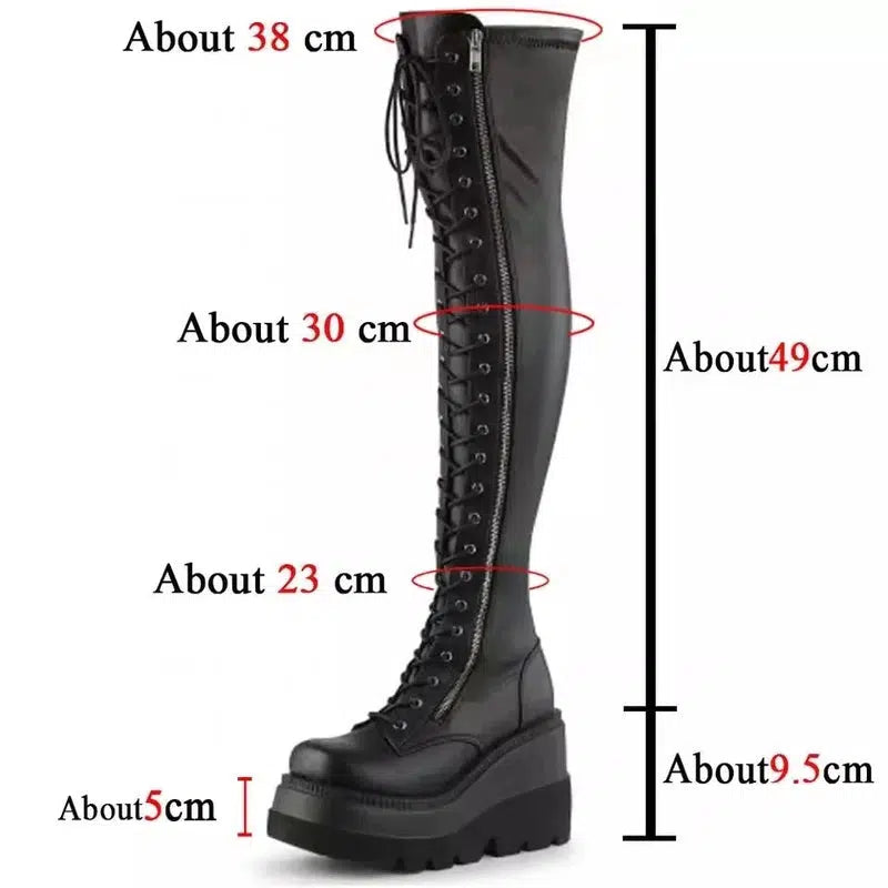 Cheky - Gothic Thigh High Boots Women Platform Wedges Motorcycle Boot Over The Knee Army Stripper Heels Punk Lace-up Belt Buckle Long