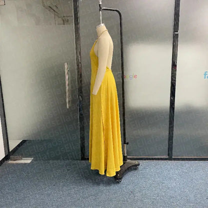 Cheky - Ellafads Women Maxi Dress Elegant Solid Yellow Sleeveless Chain Halter Neck Backless Evening Party Dresses High Streetwear