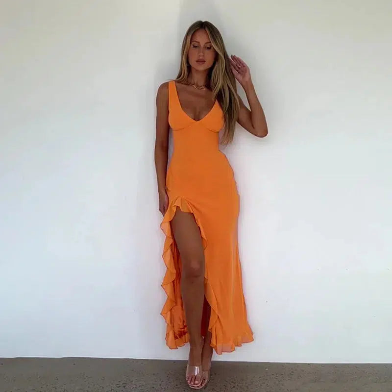 Cheky - Elegant Sleeveless Ruffle Maxi Dress - Sexy Deep V Neck Summer Wear