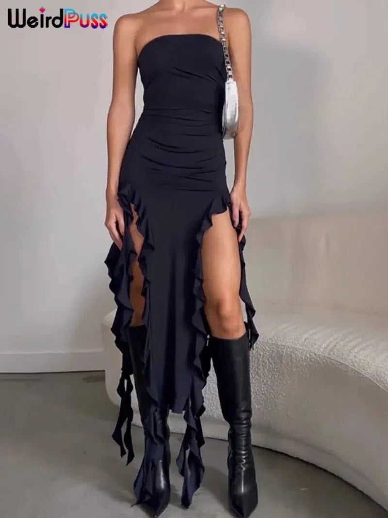 Cheky - Weird Puss Elegant Strapless Dress Women Irregular Tassel 2023 Summer Trend Skinny Split Maxi Bodycon Birthday Party Clubwear