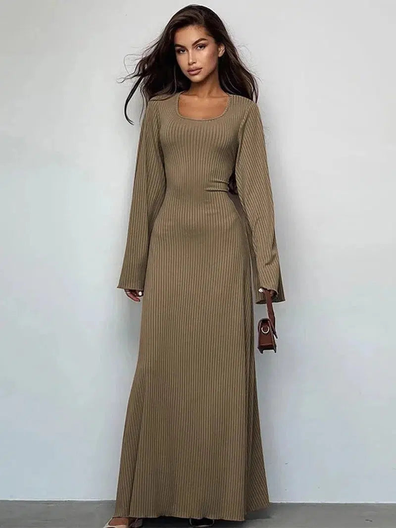 Cheky - Scoop Neck Ribbed Maxi Dress - Lace-Up Long Sleeve