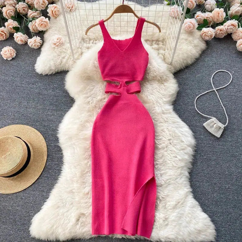 Cheky - YuooMuoo Women Dress Sexy Cut Out Waist Package Hips Split Bodycon Dress Summer Fashion Lady Knitted Party Vestidos Sundress