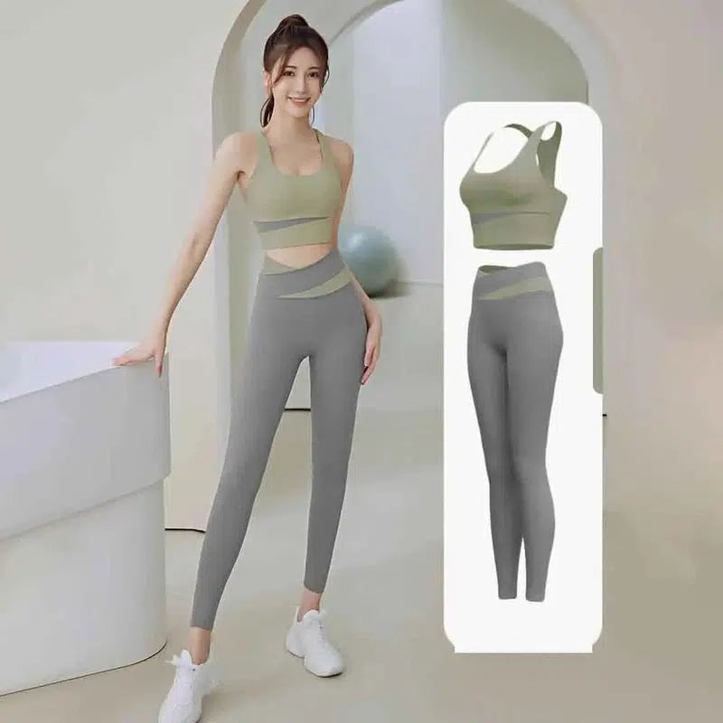 Cheky - High Waist Yoga Set Lady Gym Suit Sport Set Shockproof Sport Bra Crop Top Patchwork Tracksuit Women Fitness Outfit Training Wear