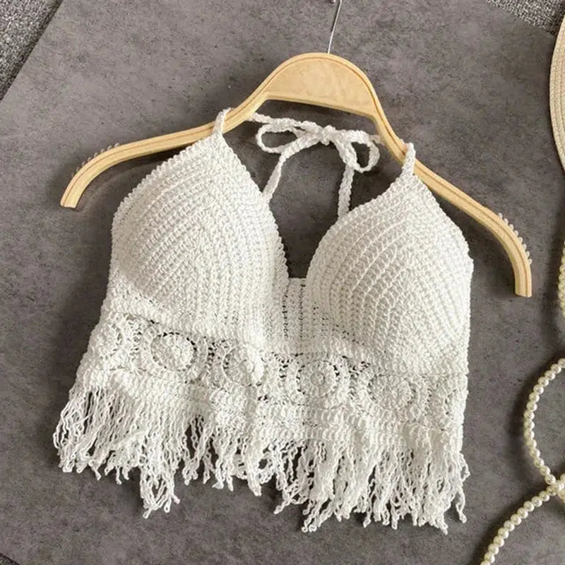 Cheky - Sexy Boho Beach Holiday Camisole Halter Women Crochet Knit Swimsuit Bra Backless Vest Hollow Tassel Tank Top Women's Crop Tops